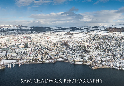 Aerial photograph of Zug in snow
